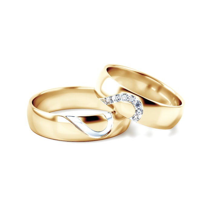 Esküvői karikagyűrűk: kétszínű arany, félkarika, 5 mm