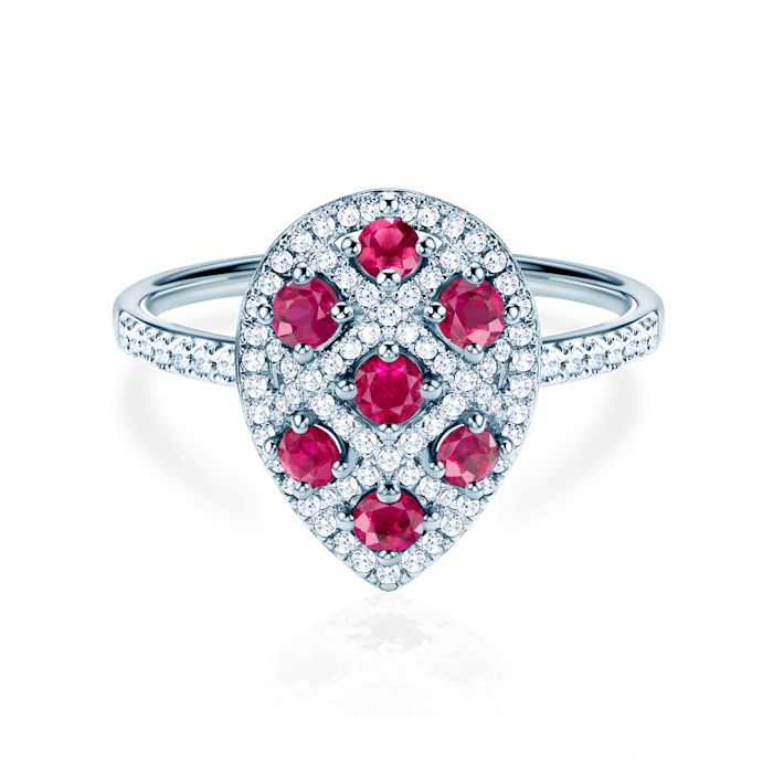 SAVICKI eljegyzési gyűrű: fehérarany, rubinok és gyémántok