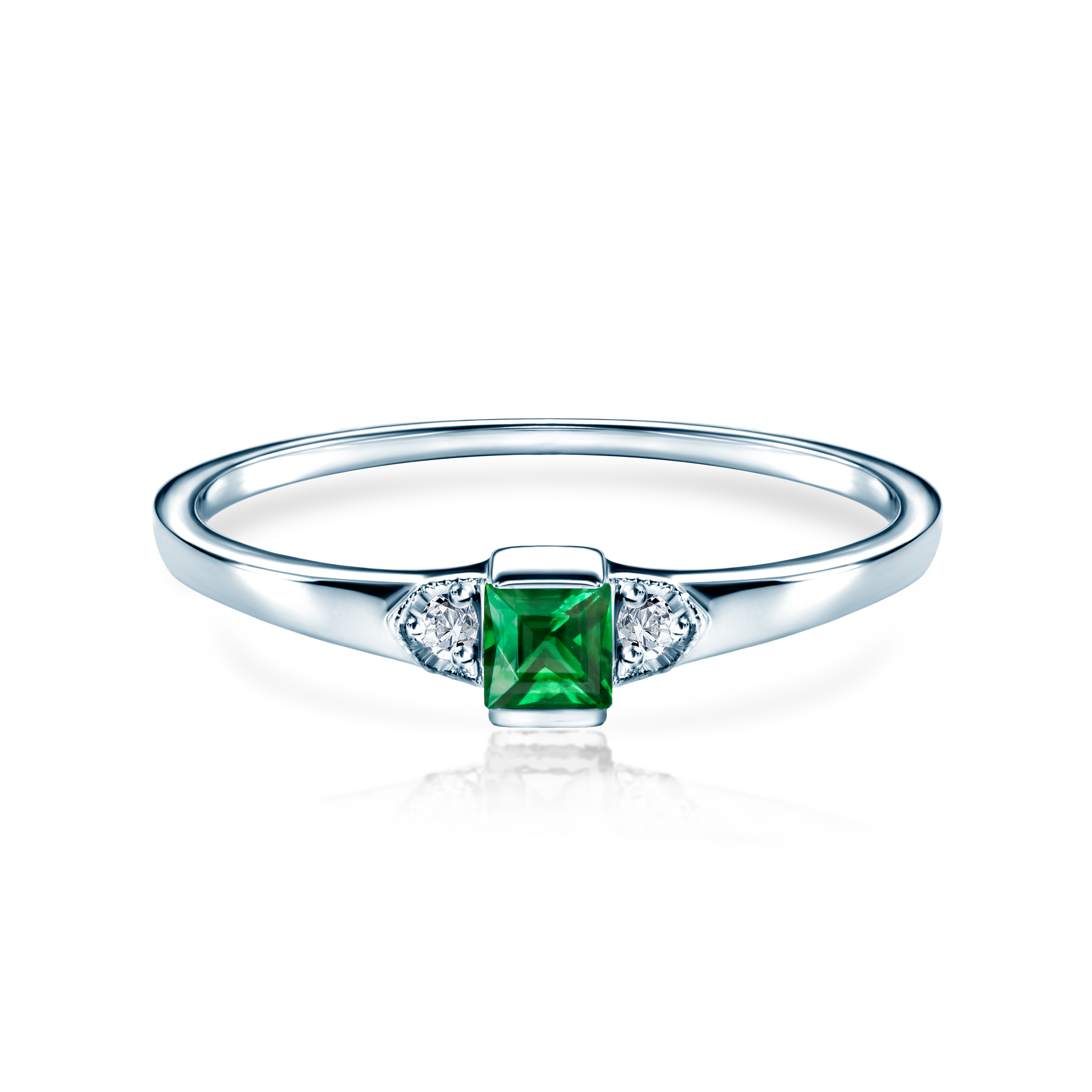 Zaručnički prsten Savicki: bijelo zlato, smaragd, dijamanti