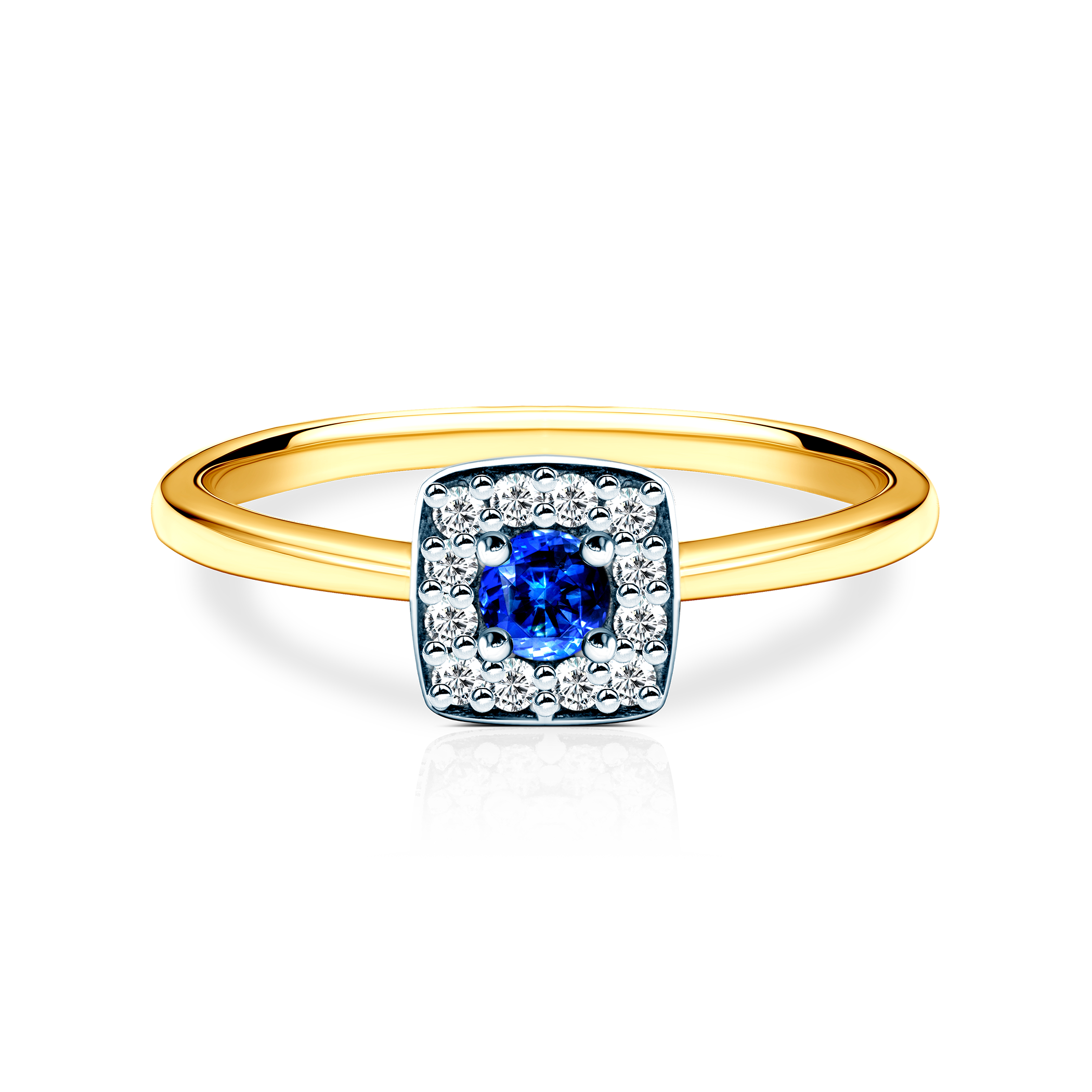 Δαχτυλίδι Αρραβώνων Halo: δίχρωμος χρυσός, μπλε ζαφείρι, διαμάντια