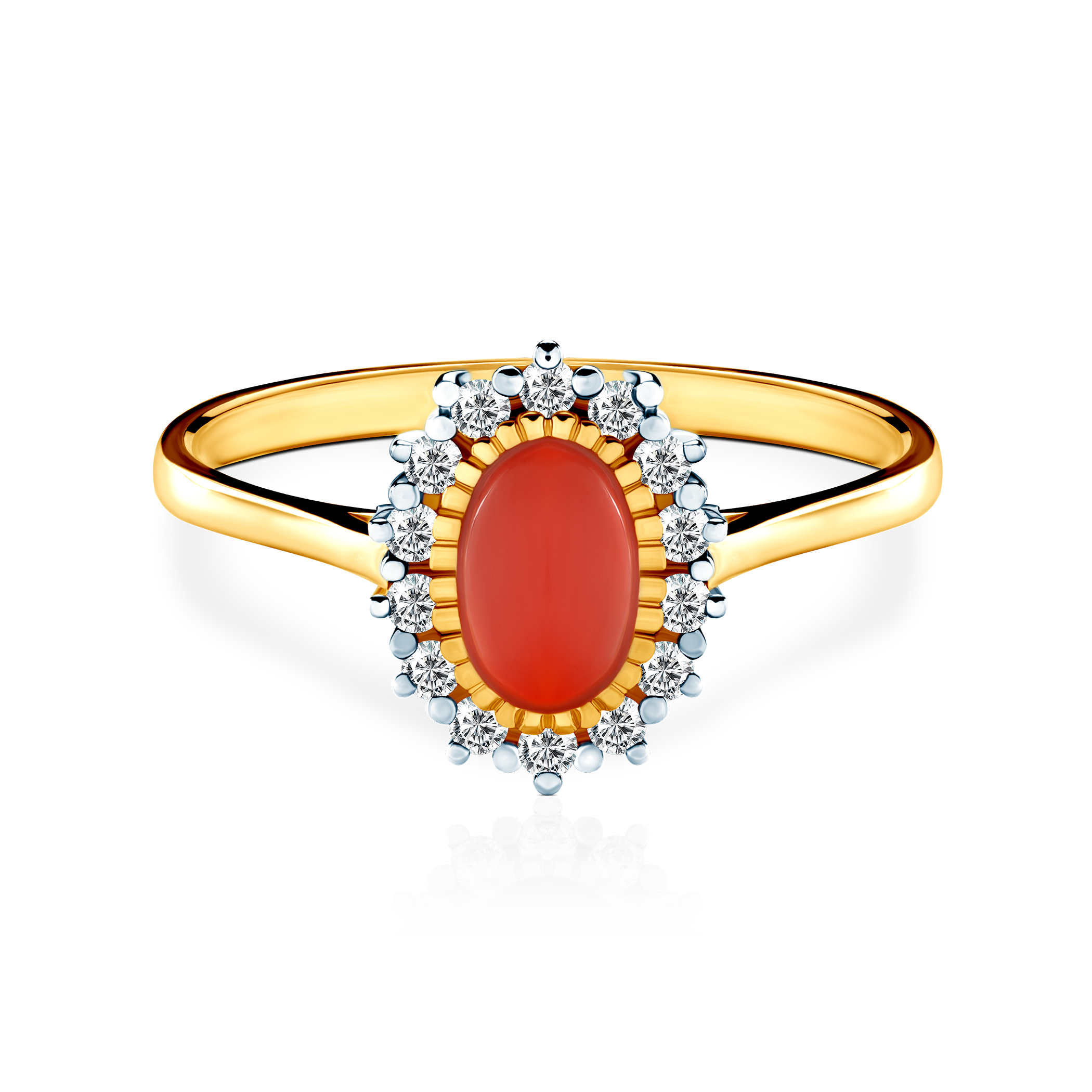 Ring: two color gold, diamonds, coral, cubic zirconia