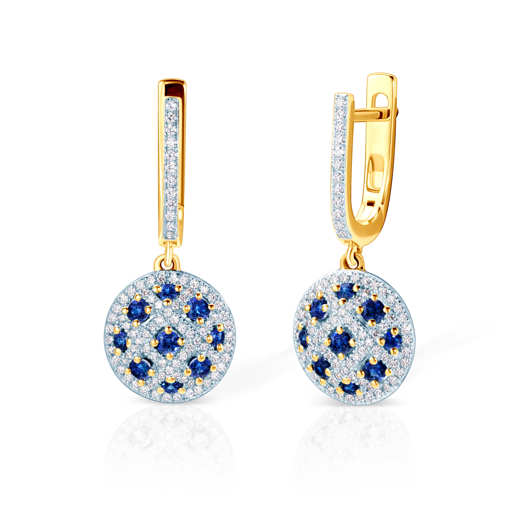 SAVICKI earrings two color gold, blue sapphires, diamonds
