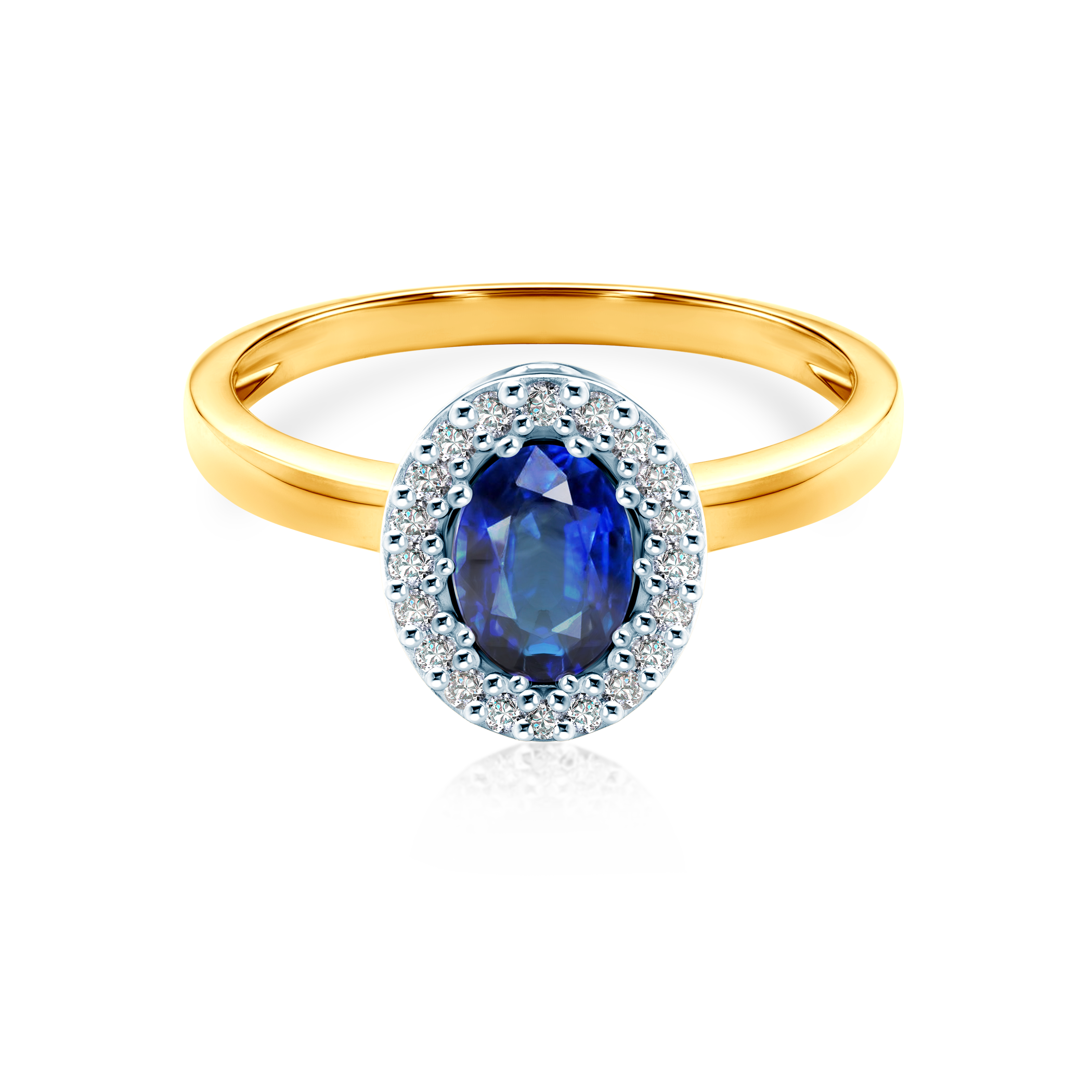 Halo Engagement Ring: two color gold, blue sapphire, diamonds