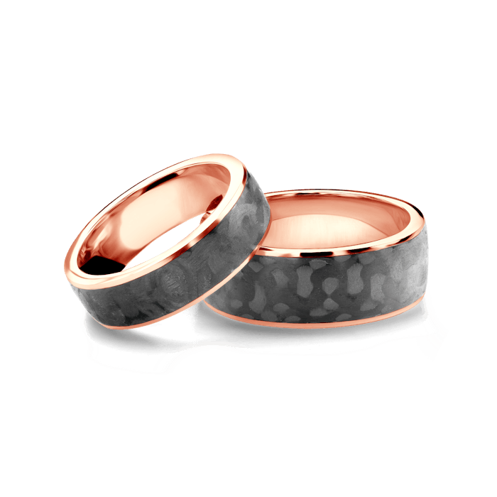 Esküvői karikagyűrűk: karbon és rózsaarany, félkör, 6 mm és 8 mm