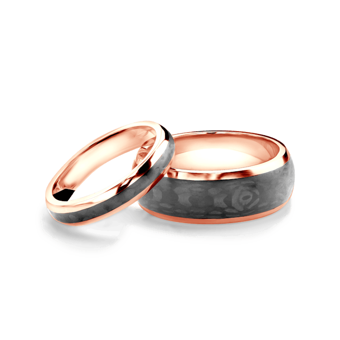 Esküvői karikagyűrűk: karbon és rózsaarany, félkör, 4 mm és 8 mm