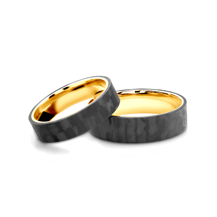 Esküvői karikagyűrűk: karbon és arany, lapos, 6 mm