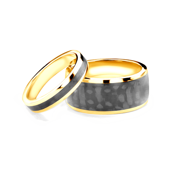 Esküvői karikagyűrűk: karbon és arany, félkör, 4 mm és 10 mm