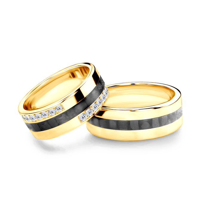Esküvői karikagyűrűk: karbon és arany, lapos, 7,5 mm