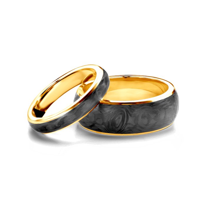 Esküvői karikagyűrűk: karbon és arany, félkör, 4 mm és 8 mm