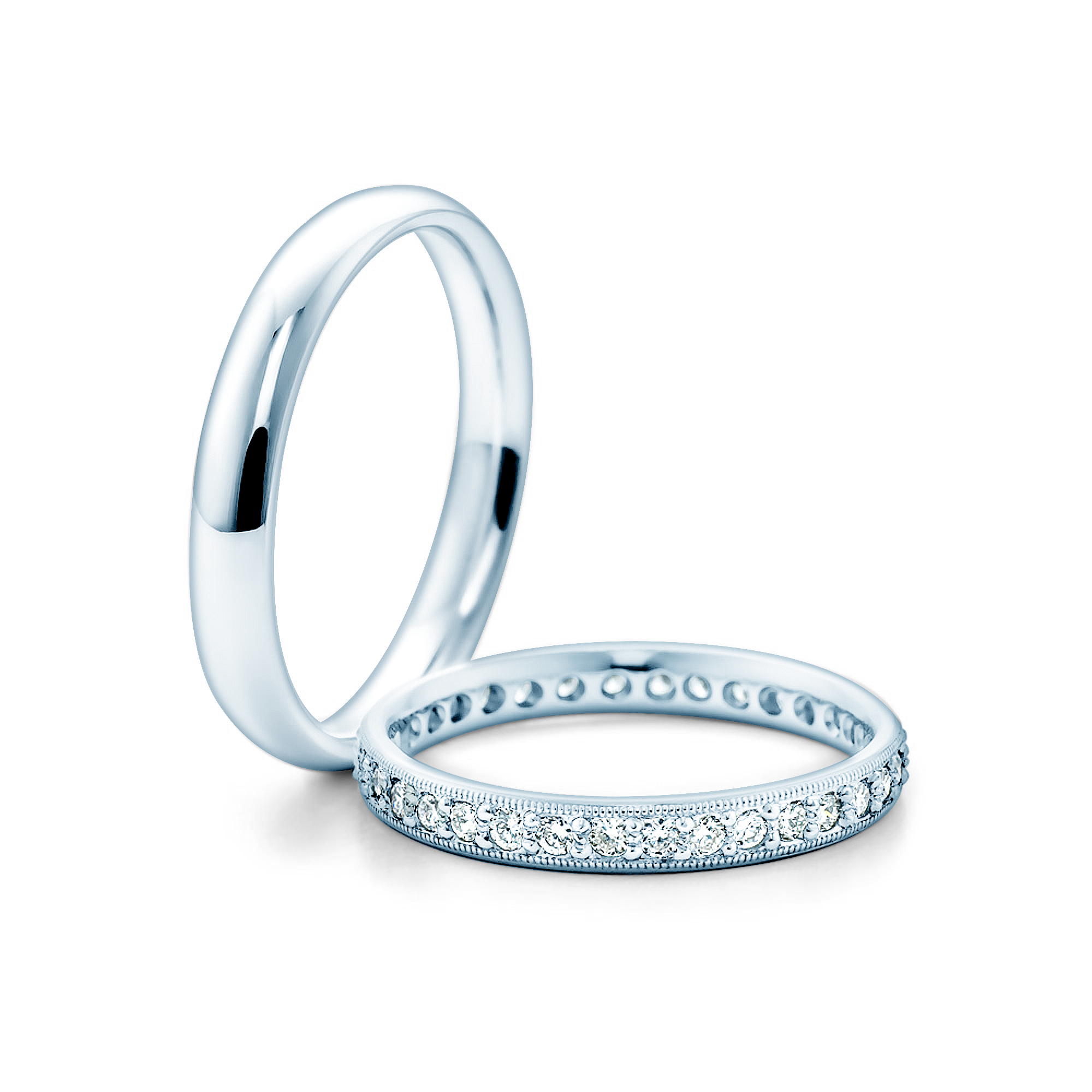 Сватбени халки: бяло злато, полукръгъл профил. 2,6 mm + 3 mm