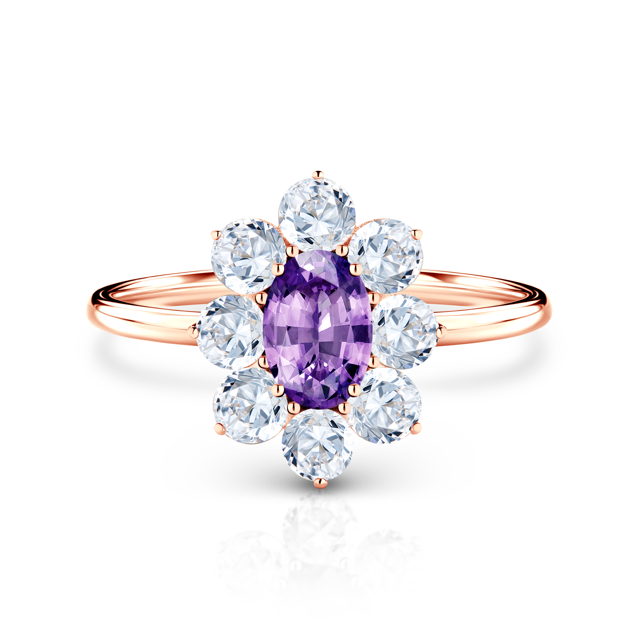 Συλλογή Δαχτυλιδιού SAVICKI | Δαχτυλίδι Αρραβώνων Halo: ροζ χρυσό, μωβ ζαφείρι, λευκά ζαφείρια