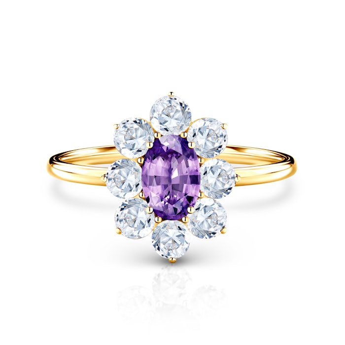 SAVICKI RING eljegyzési gyűrű: arany lila zafírral és fehér zafírokkal