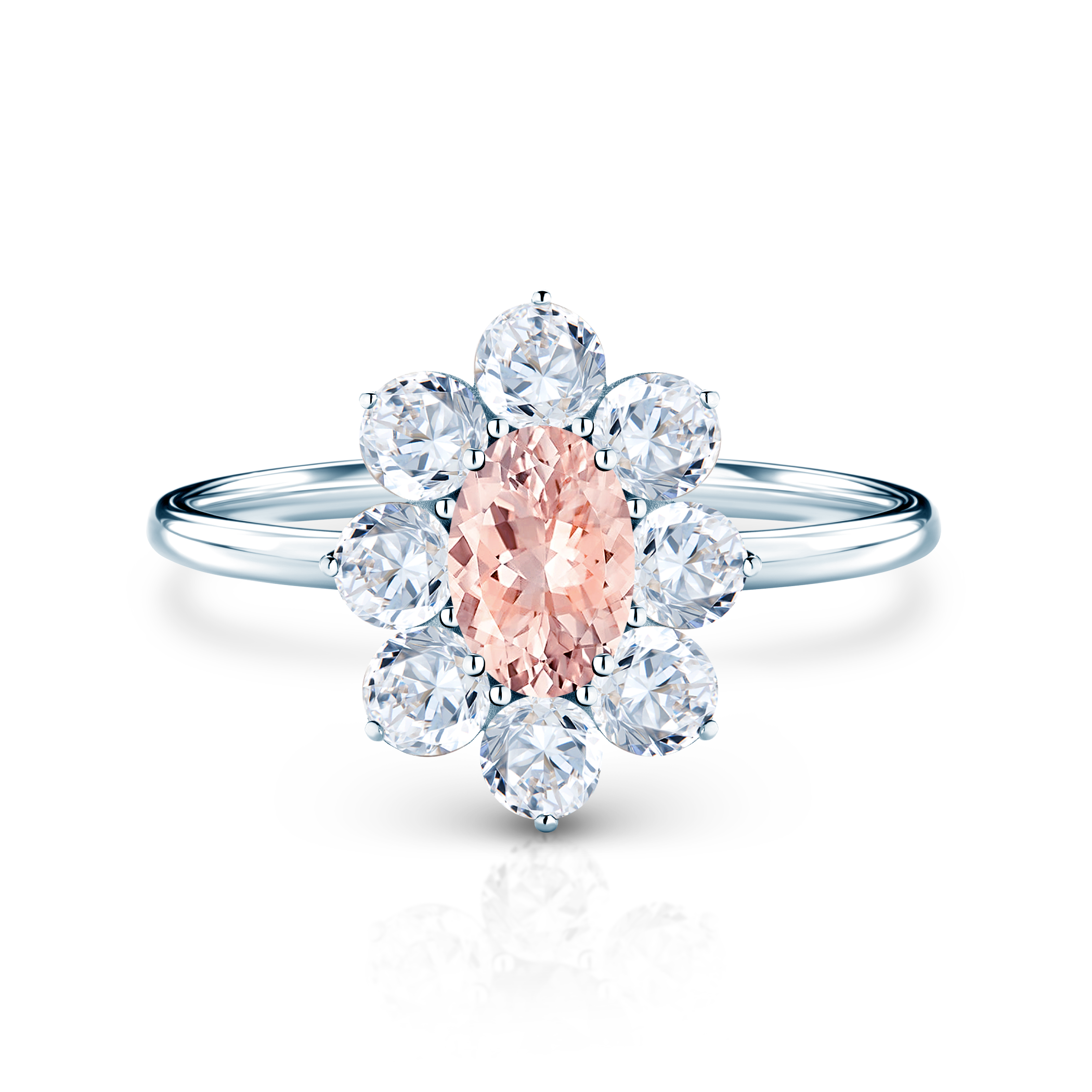 Zaručnički prsten Savicki: bijelo zlato, morganit, bijeli safiri