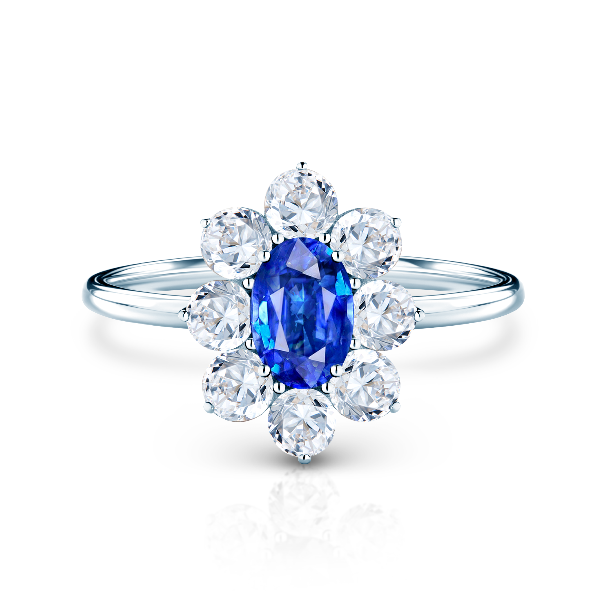 Συλλογή Δαχτυλιδιού SAVICKI | Δαχτυλίδι Αρραβώνων Halo: λευκόχρυσος, μπλε ζαφείρι, λευκά ζαφείρια