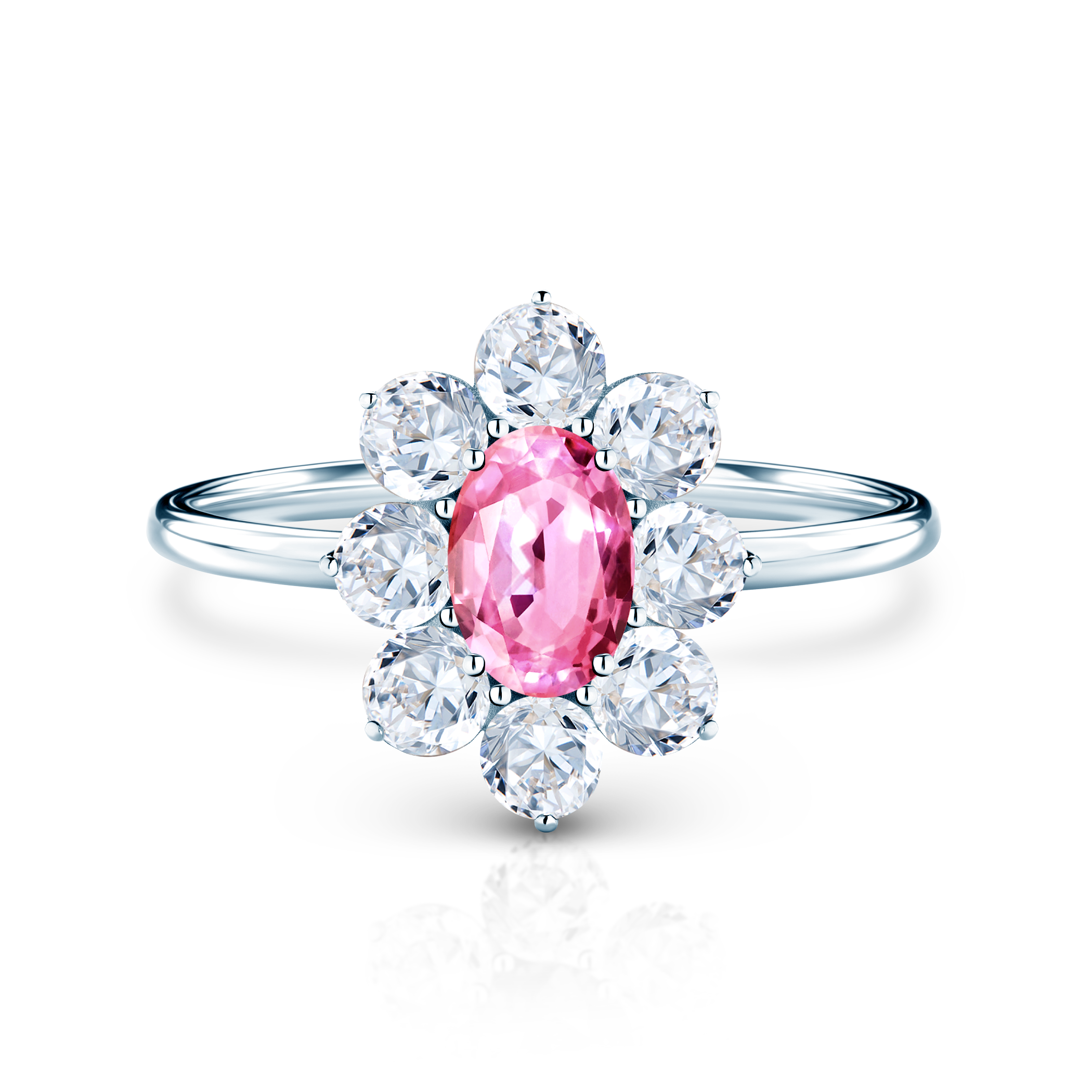 Συλλογή Δαχτυλιδιού SAVICKI | Δαχτυλίδι Αρραβώνων Halo: λευκόχρυσος, ροζ ζαφείρι, λευκά ζαφείρια