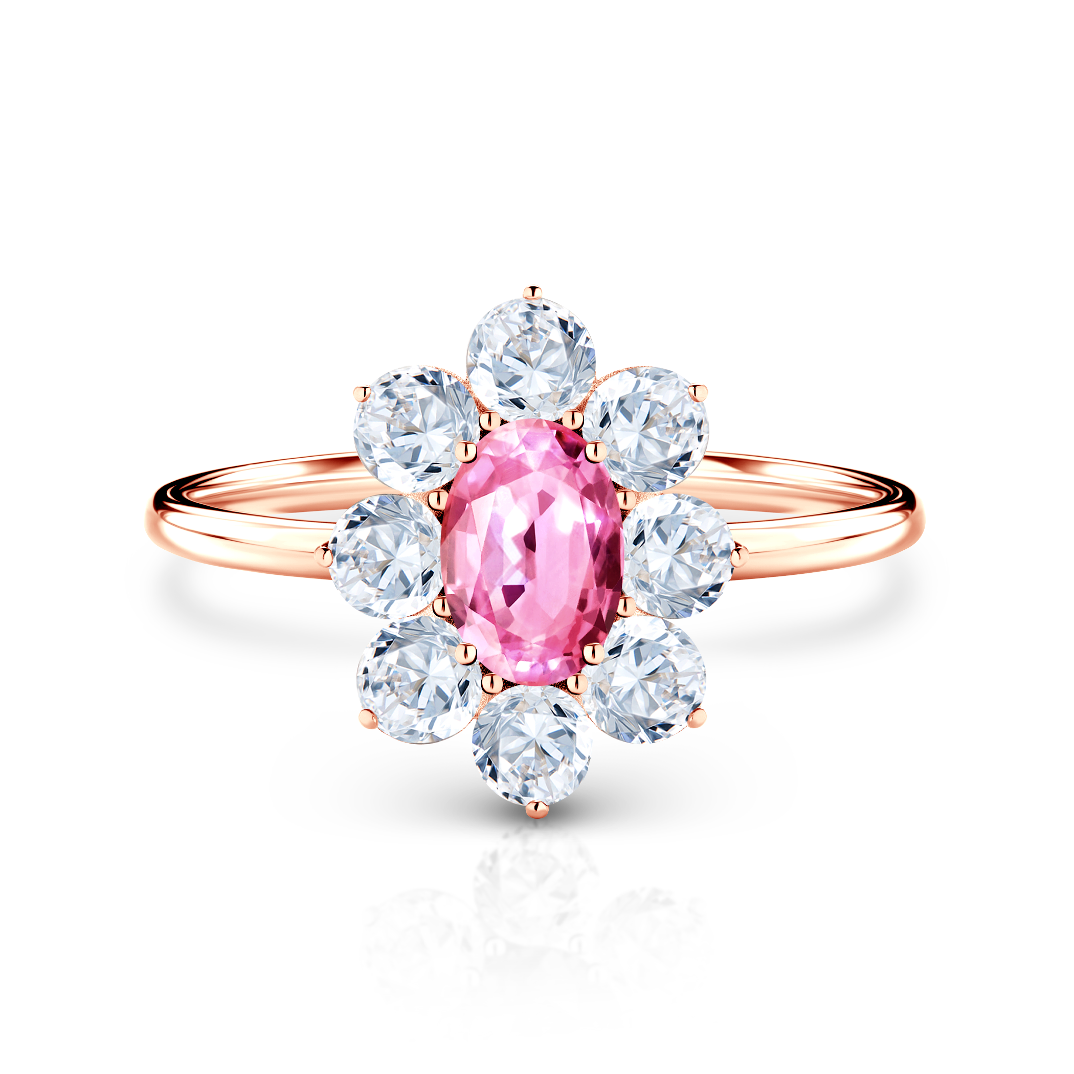Συλλογή Δαχτυλιδιού SAVICKI | Δαχτυλίδι Αρραβώνων Halo: ροζ χρυσό, ροζ ζαφείρι, λευκά ζαφείρια