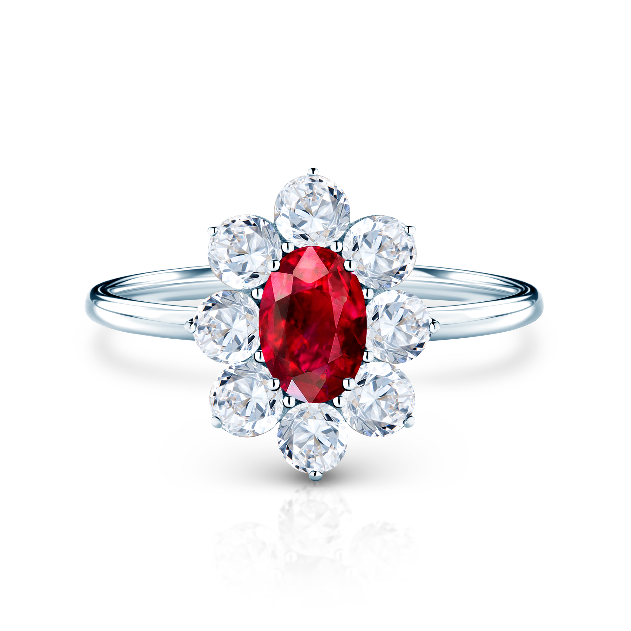 Συλλογή Δαχτυλιδιού SAVICKI | Δαχτυλίδι Αρραβώνων Halo: λευκόχρυσος, ρουμπίνι, λευκά ζαφείρια