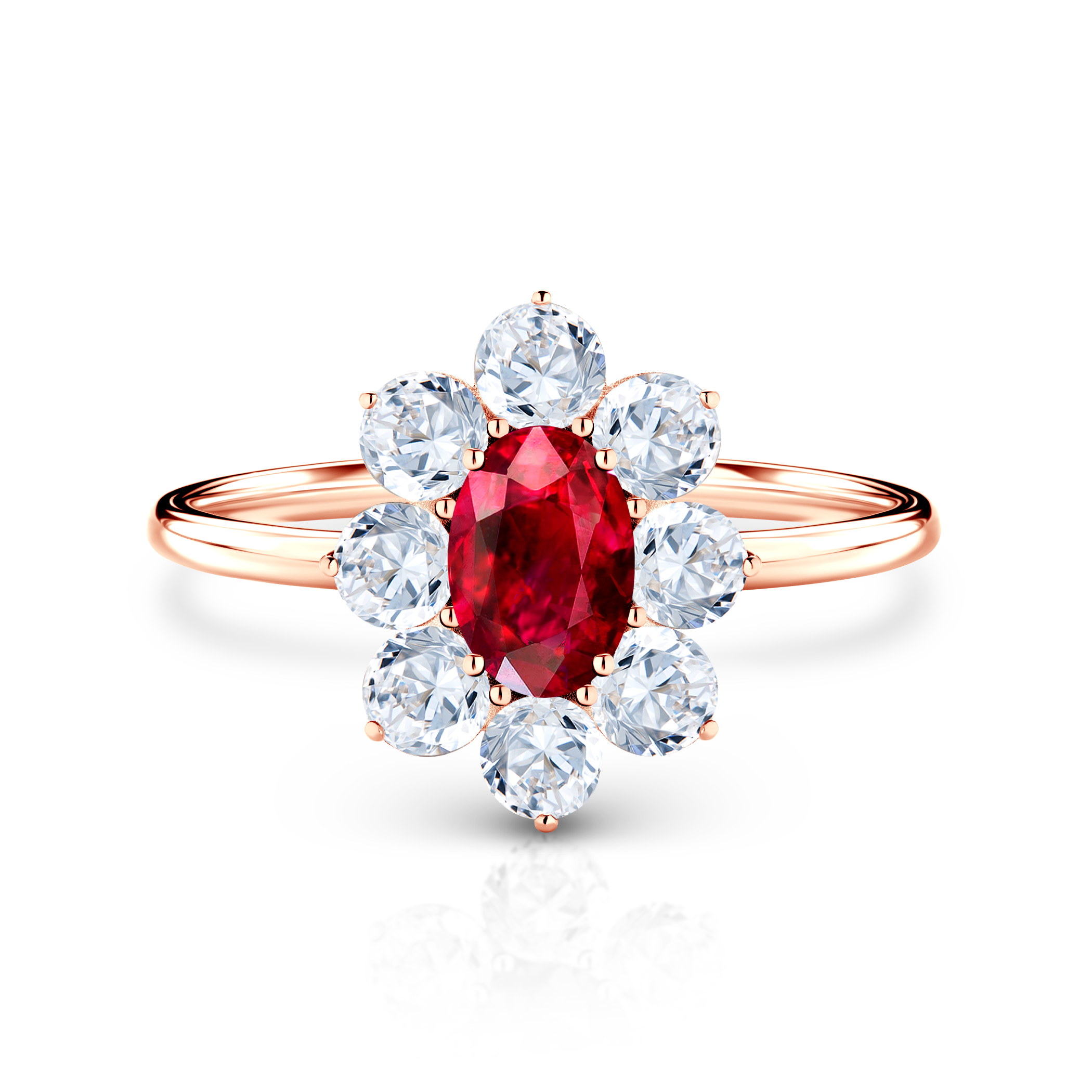 Συλλογή Δαχτυλιδιού SAVICKI | Δαχτυλίδι Αρραβώνων Halo: ροζ χρυσό, ρουμπίνι, λευκά ζαφείρια