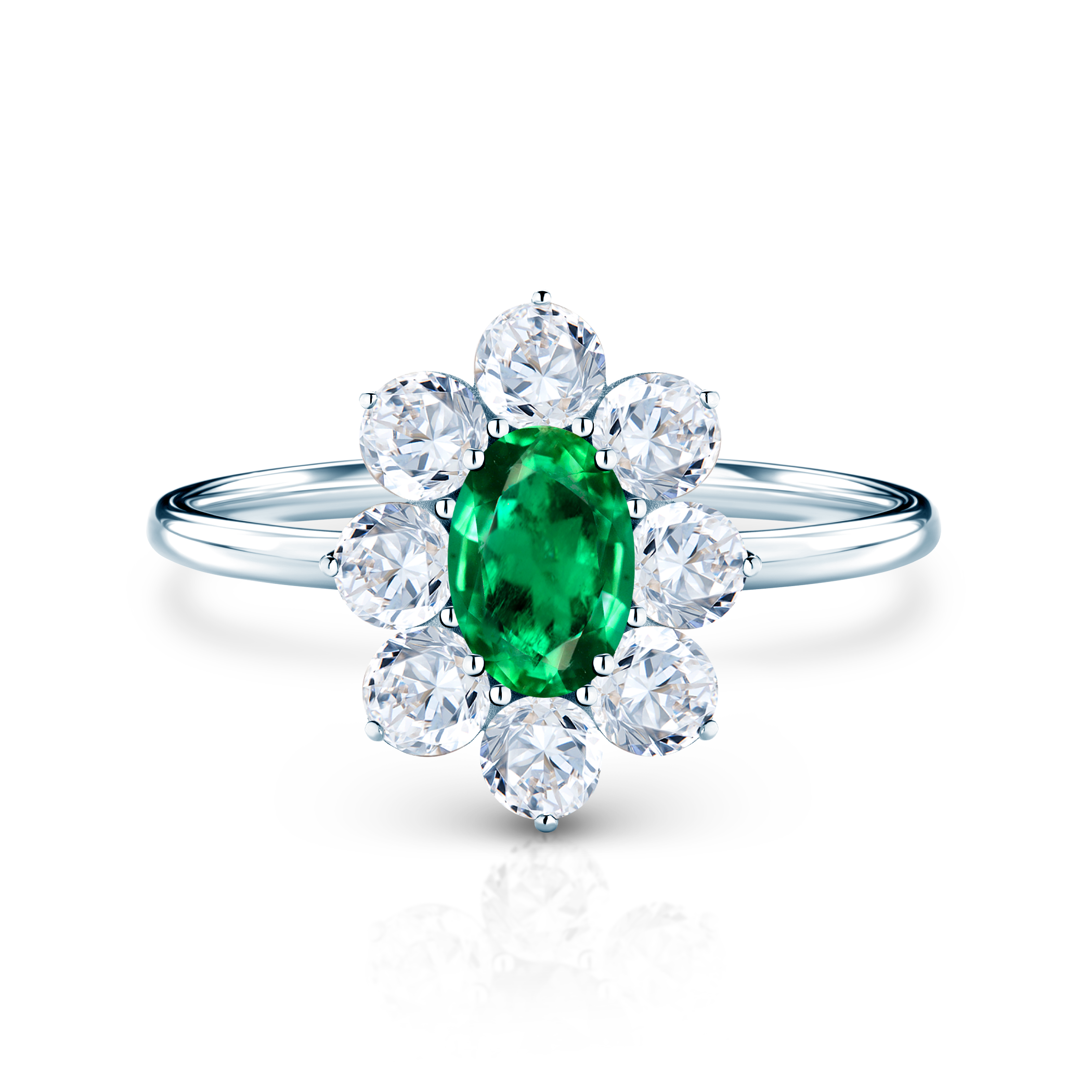 SAVICKI RING Collection | Δακτύλιος αρραβώνων Halo: λευκόχρυσος, σμαράγδι, λευκά ζαφείρια