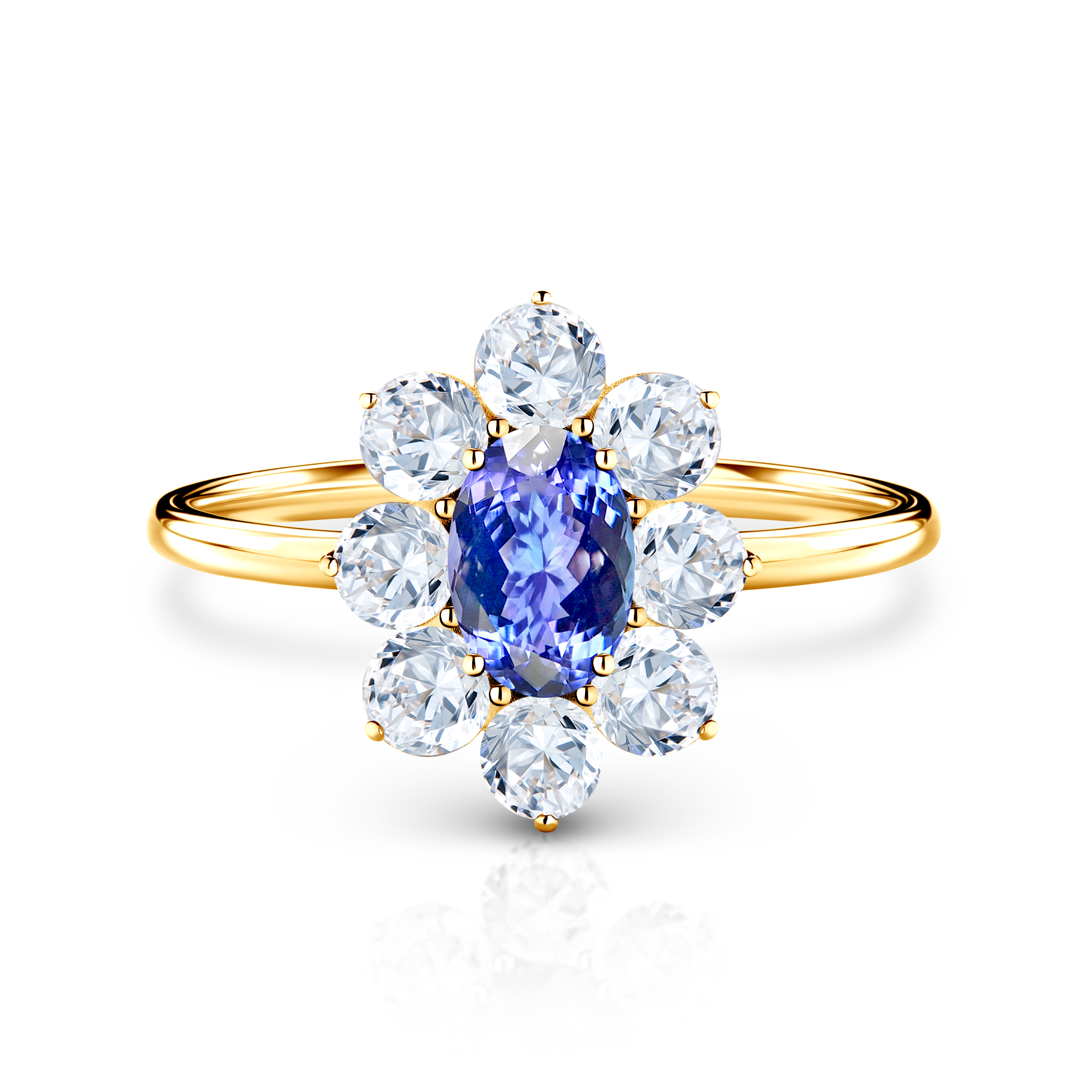 Συλλογή Δαχτυλιδιού SAVICKI | Δαχτυλίδι Αρραβώνων Halo: χρυσό, τανζανίτης, λευκά ζαφείρια