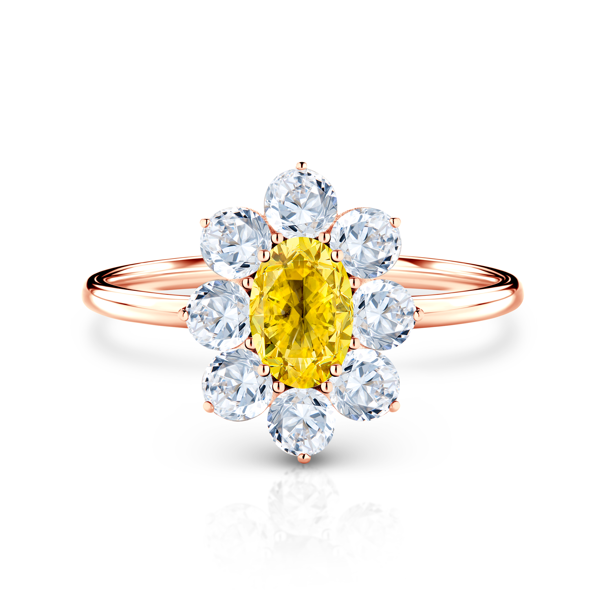 Συλλογή Δαχτυλιδιού SAVICKI | Δαχτυλίδι Αρραβώνων Halo: ροζ χρυσό, κίτρινο ζαφείρι, λευκά ζαφείρια