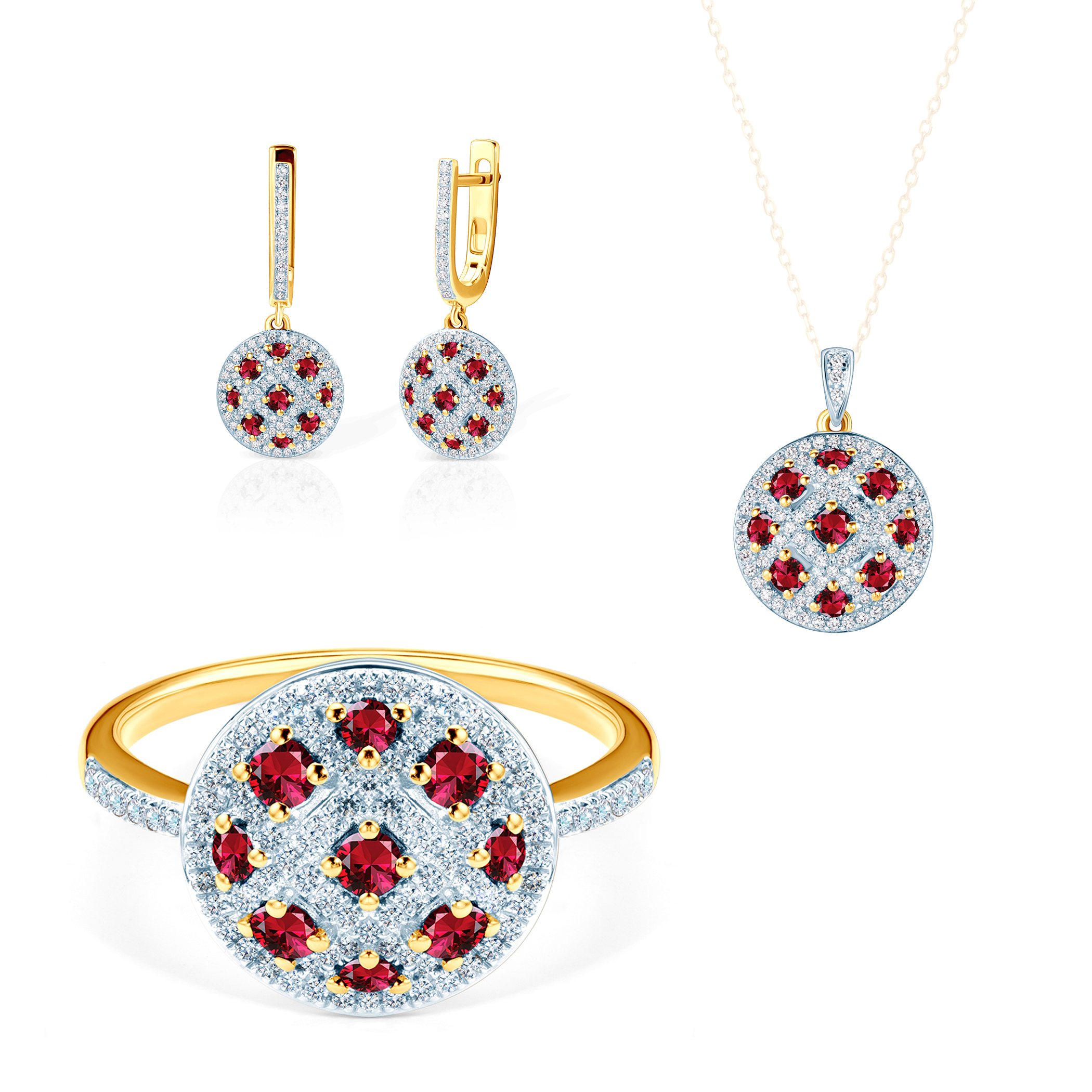 SAVICKI Jewelry Set: two color gold, rubies, diamonds