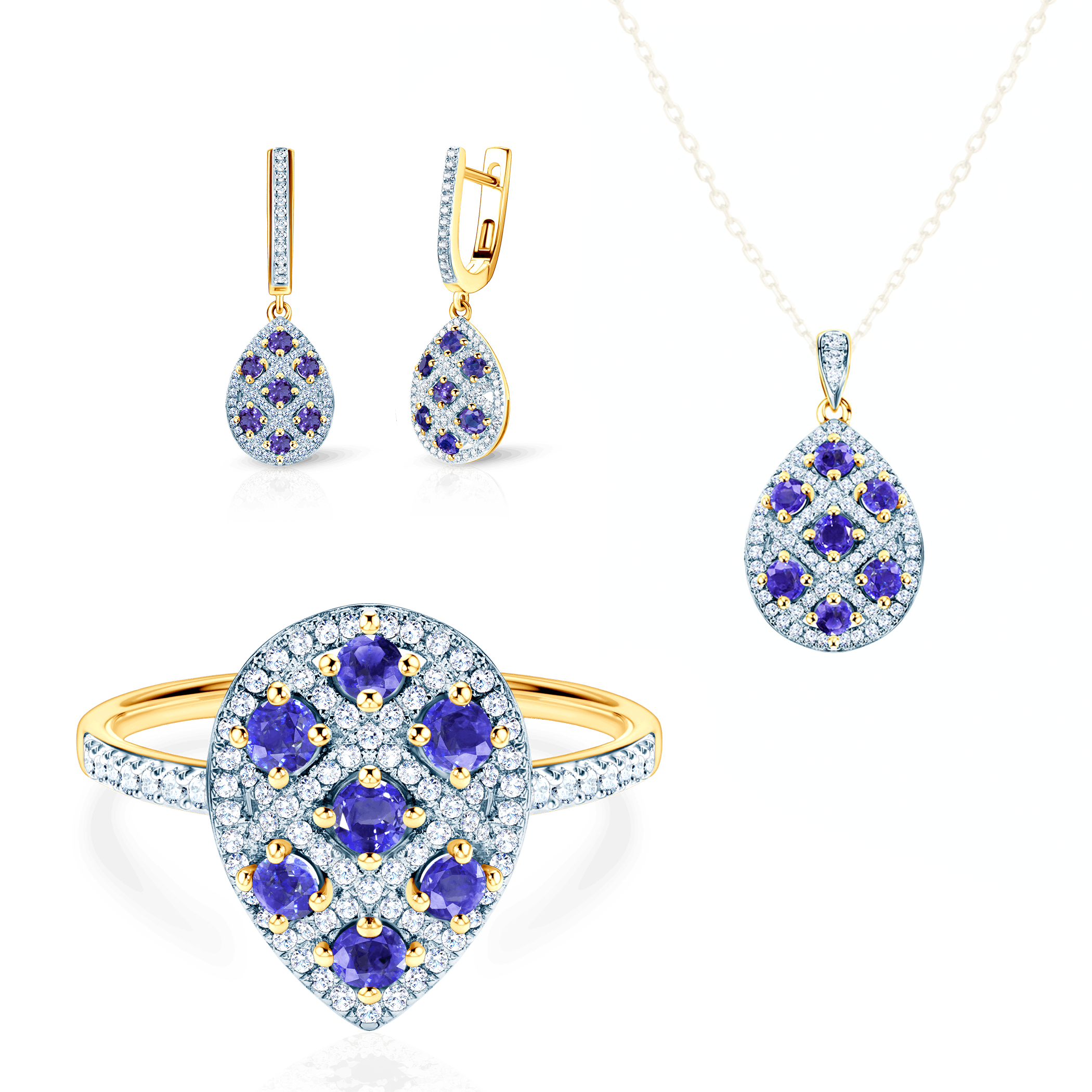 SAVICKI Jewelry Set: two color gold, tanzanities, diamonds