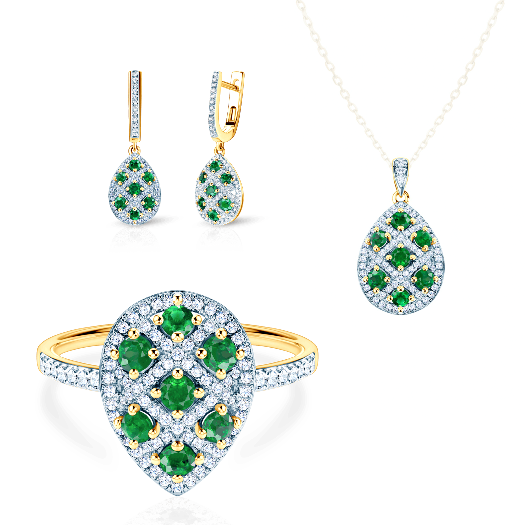 SAVICKI Jewelry Set: two color gold, emeralds, diamonds