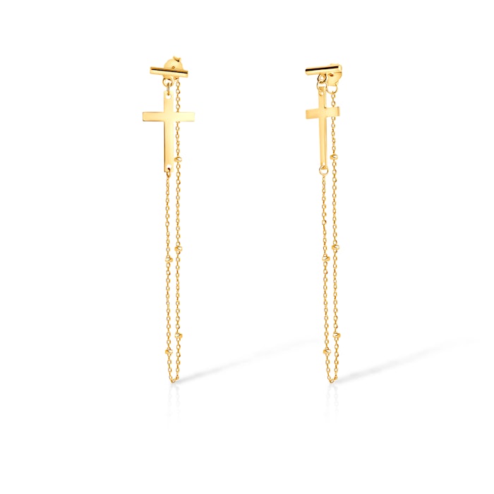 Naušnice križ s lančićem Savicki: pozlaćeno srebro