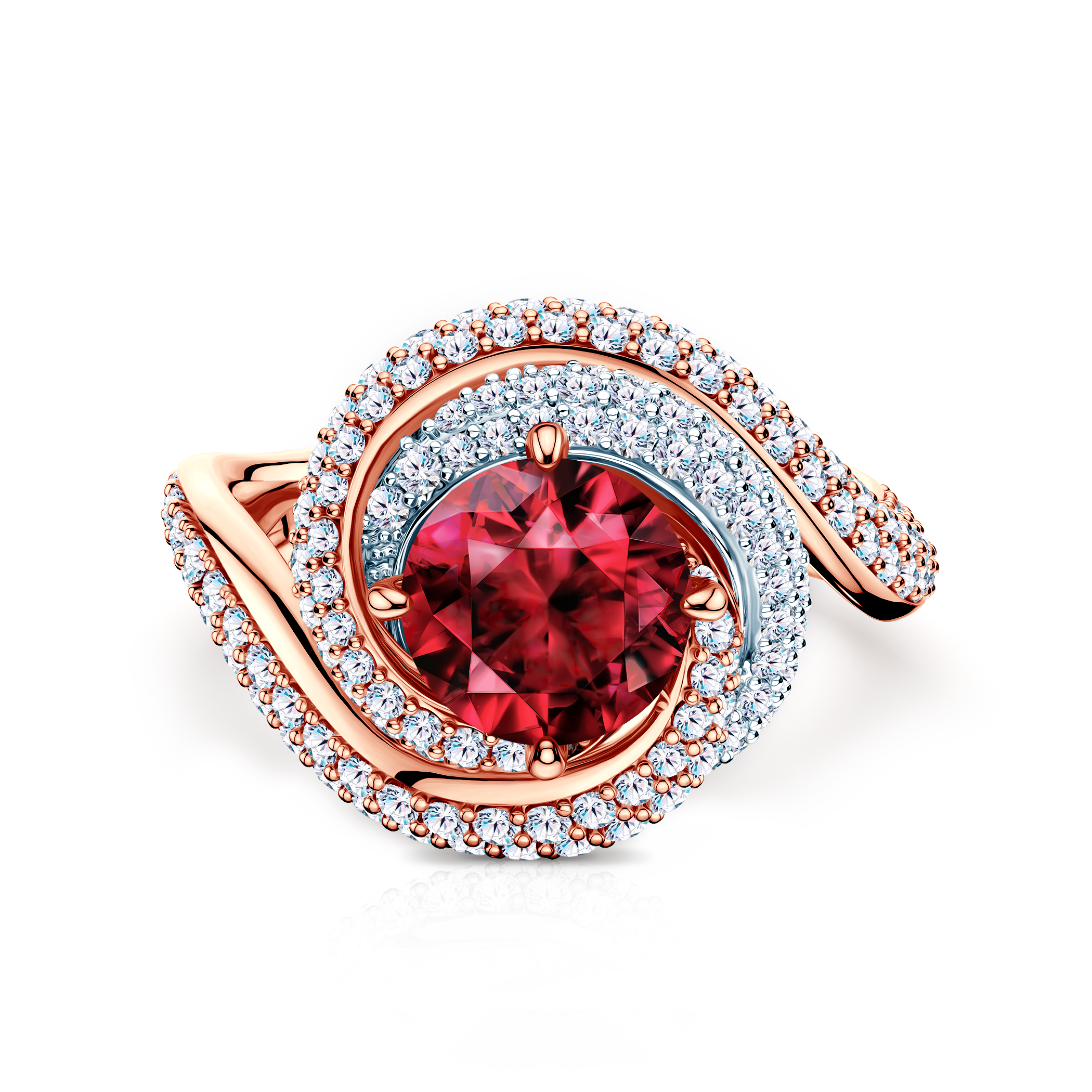 Каблучка Savicki: двоколірне золото, рубін, діаманти