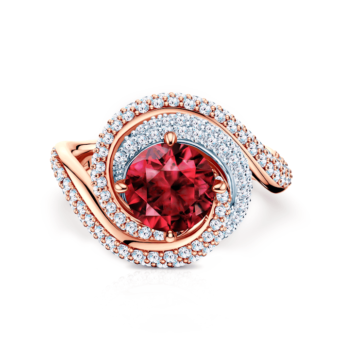 Каблучка Savicki: двоколірне золото, рубін, діаманти