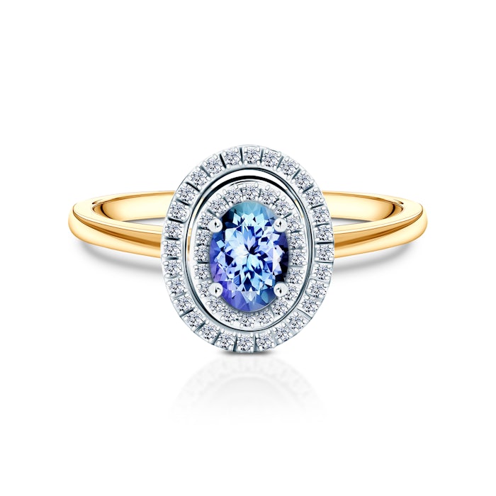 Каблучка для заручин Savicki: двоколірне золото, танзаніт, діаманти