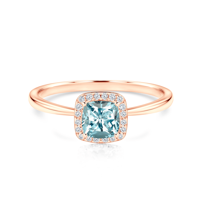 Годежен пръстен SAVICKI: розово злато, аквамарин, диаманти