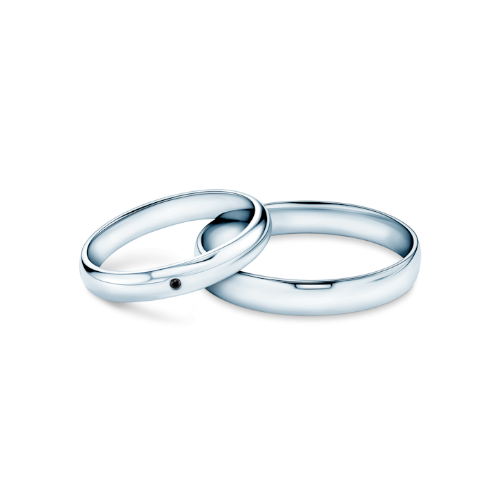 Fairytale esküvői karikagyűrűk: fehérarany, fekete gyémánt, félkörös, 3 mm és 4 mm