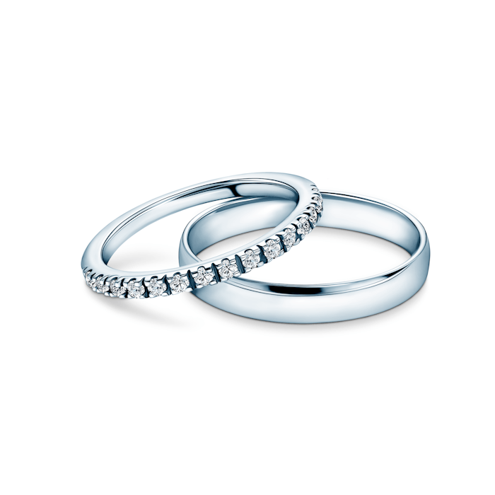 The Light esküvői karikagyűrűk: fehérarany, gyémántok, félkarikás, 1,5 mm és 3,5 mm