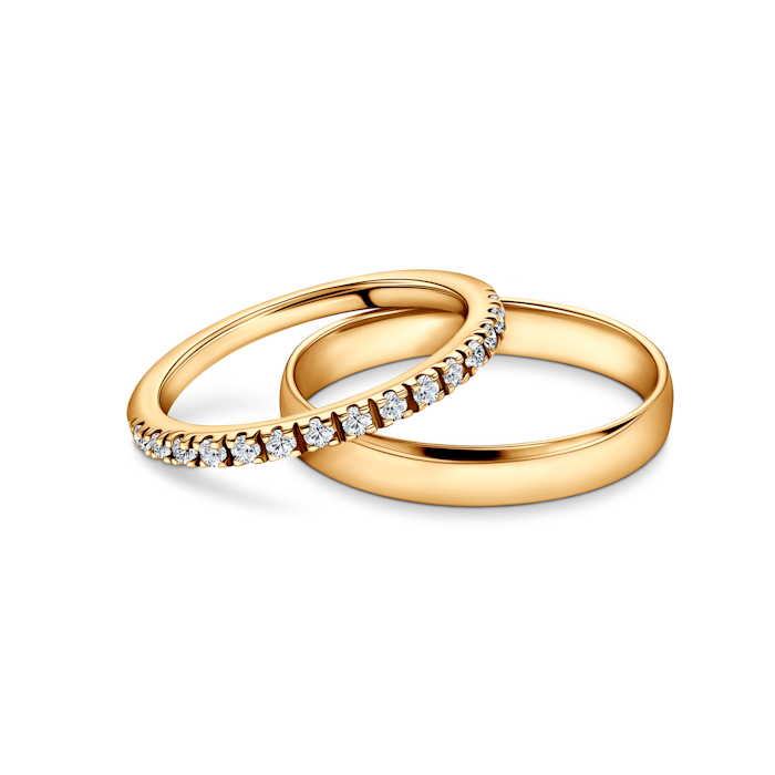 The Light esküvői karikagyűrűk: arany, gyémántok, félkarikás, 1,5 mm és 3 mm