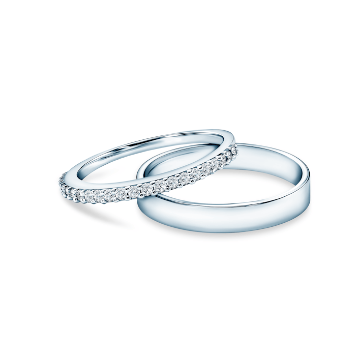 Share Your Love wedding bands: white gold, lab-grown diamonds, flat, 1.5mm and 3mm.