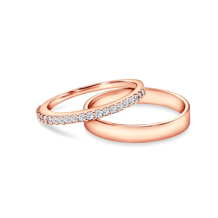 Share Your Love wedding bands: rose gold, lab-grown diamonds, flat, 1.5mm and 3mm.
