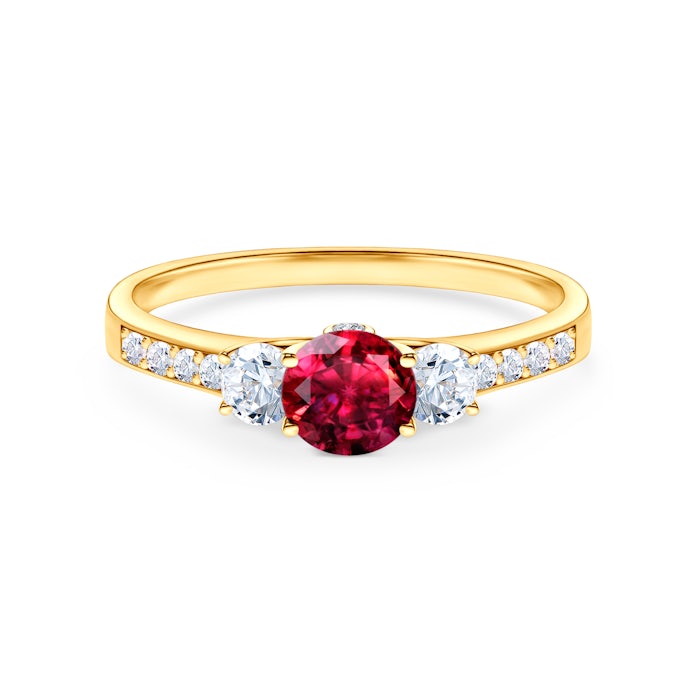 Dream Collection | Three-Stone Engagement Ring: gold, ruby