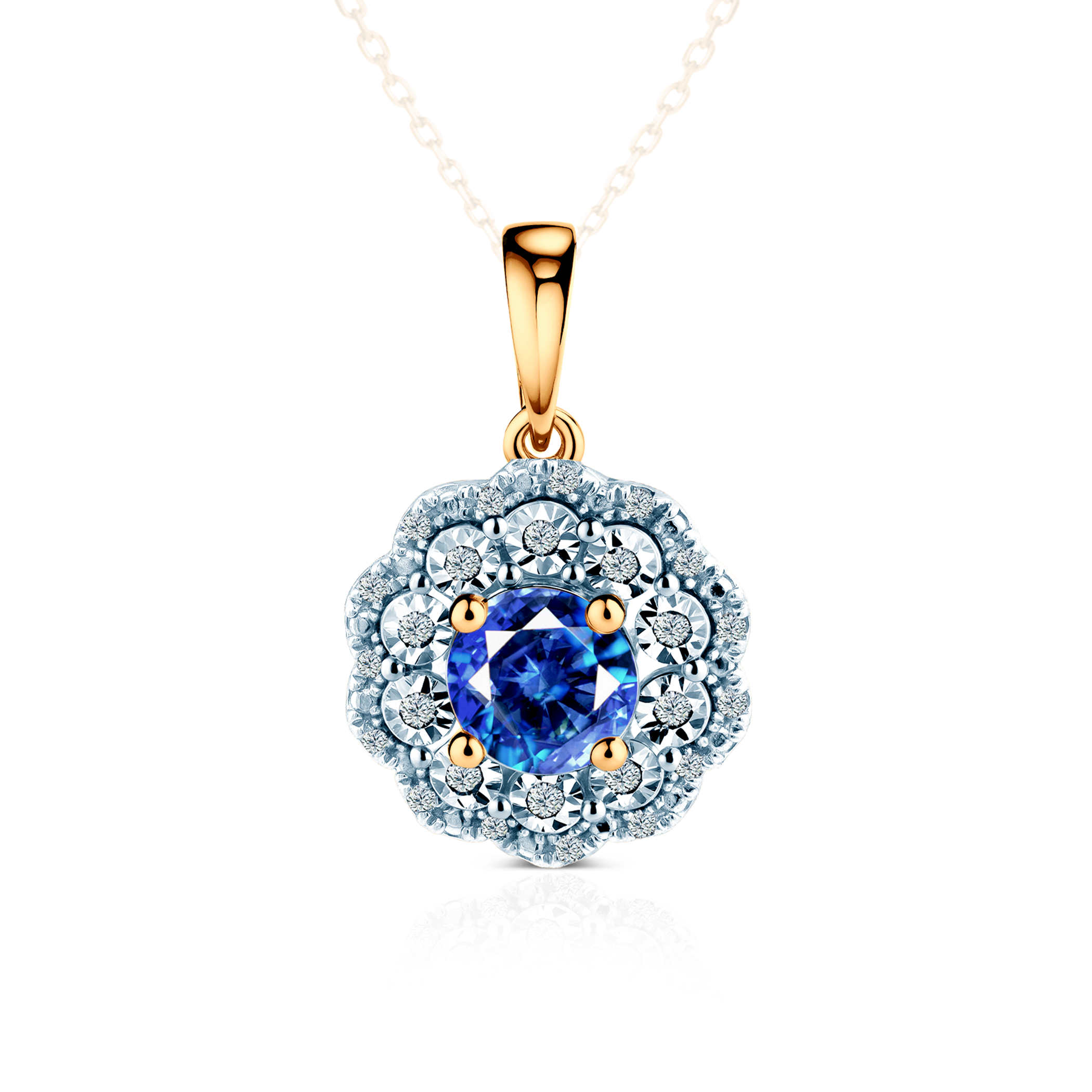 Μενταγιόν Rosavine: Δίχρωμος χρυσός, μπλε ζαφείρια, διαμάντια