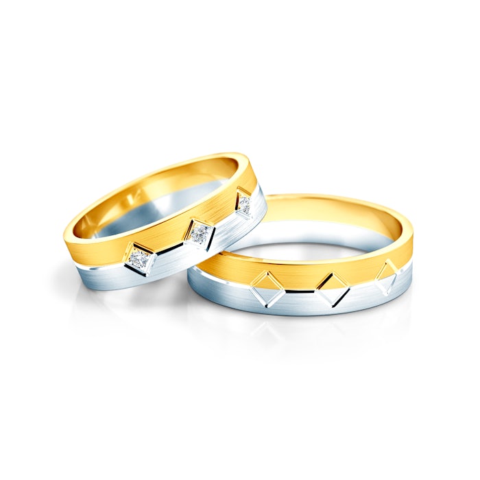 Esküvői karikagyűrűk: kétszínű arany, lapos, 5 mm