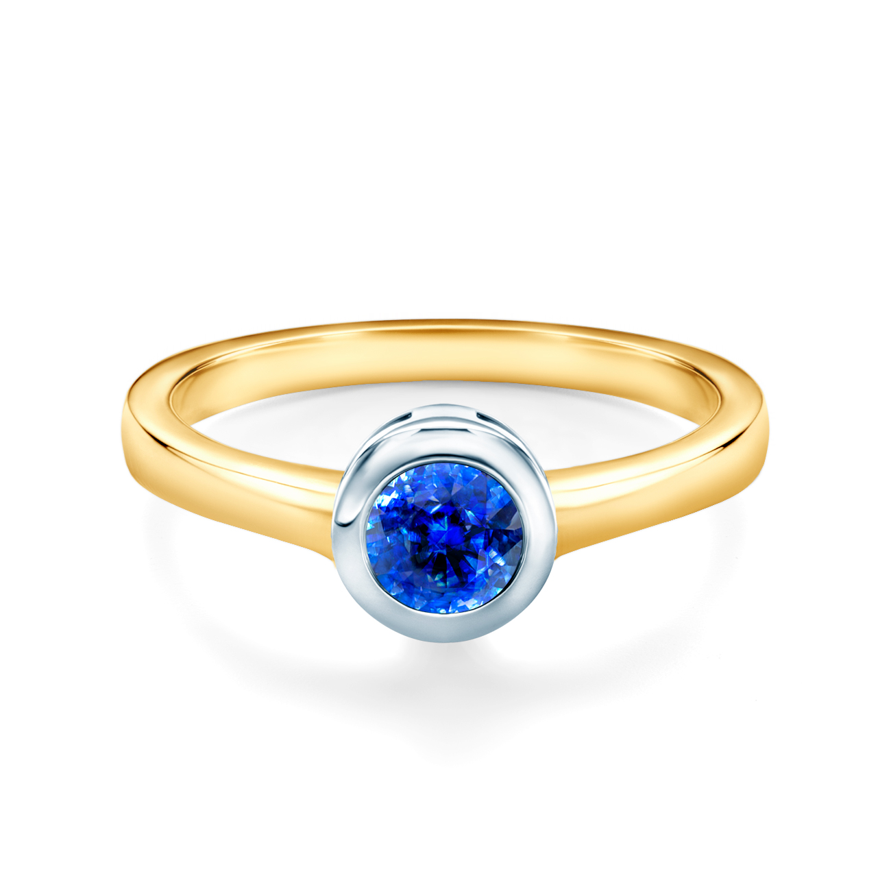 Tension Engagement Ring: two color gold, blue sapphire