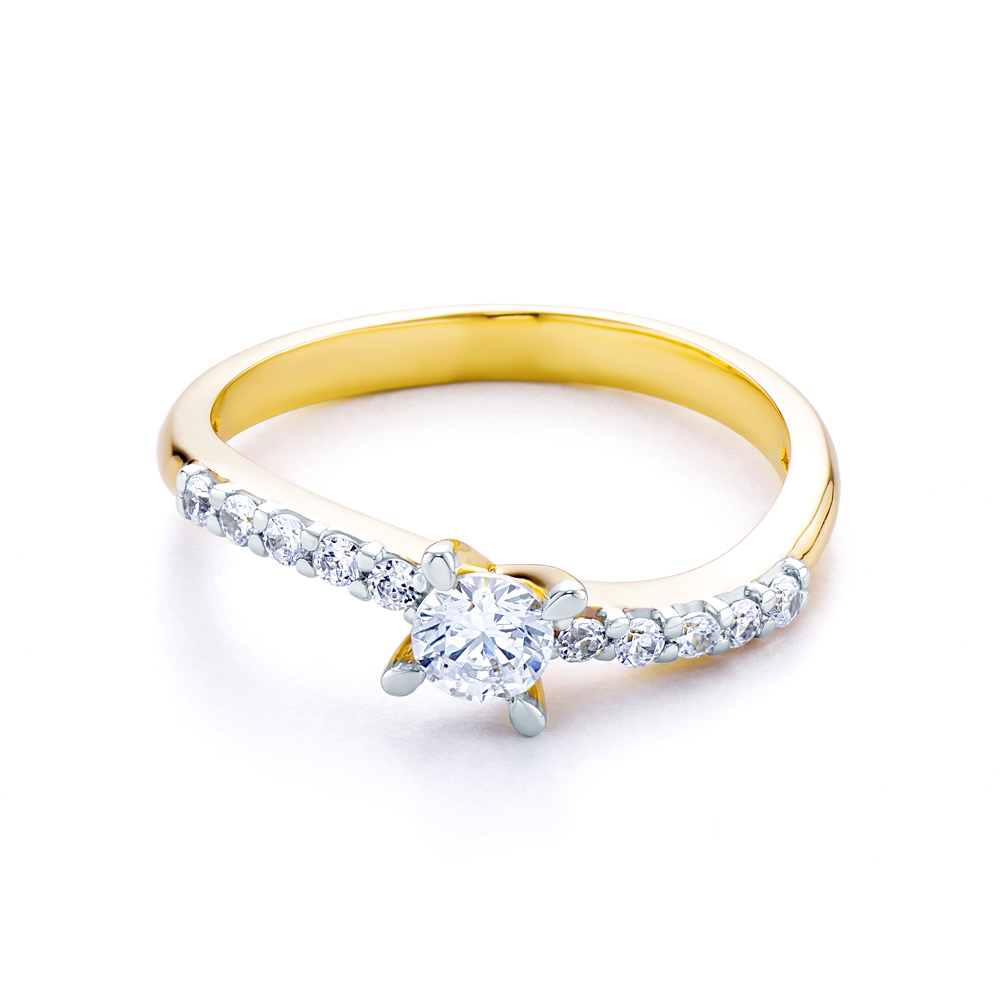 Side-Stone Engagement Ring: two color gold, cubic zirconia