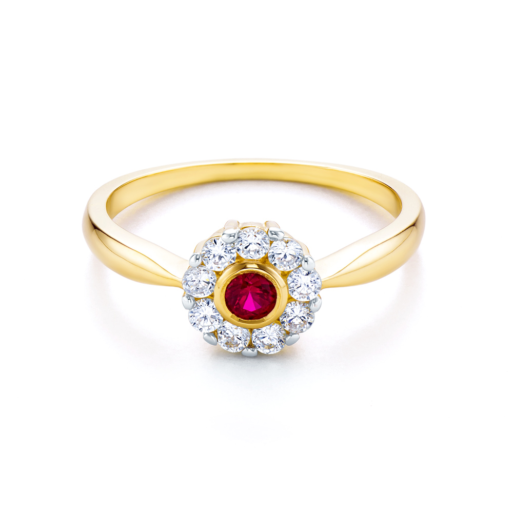 Halo Engagement Ring: two color gold, cubic zirconia