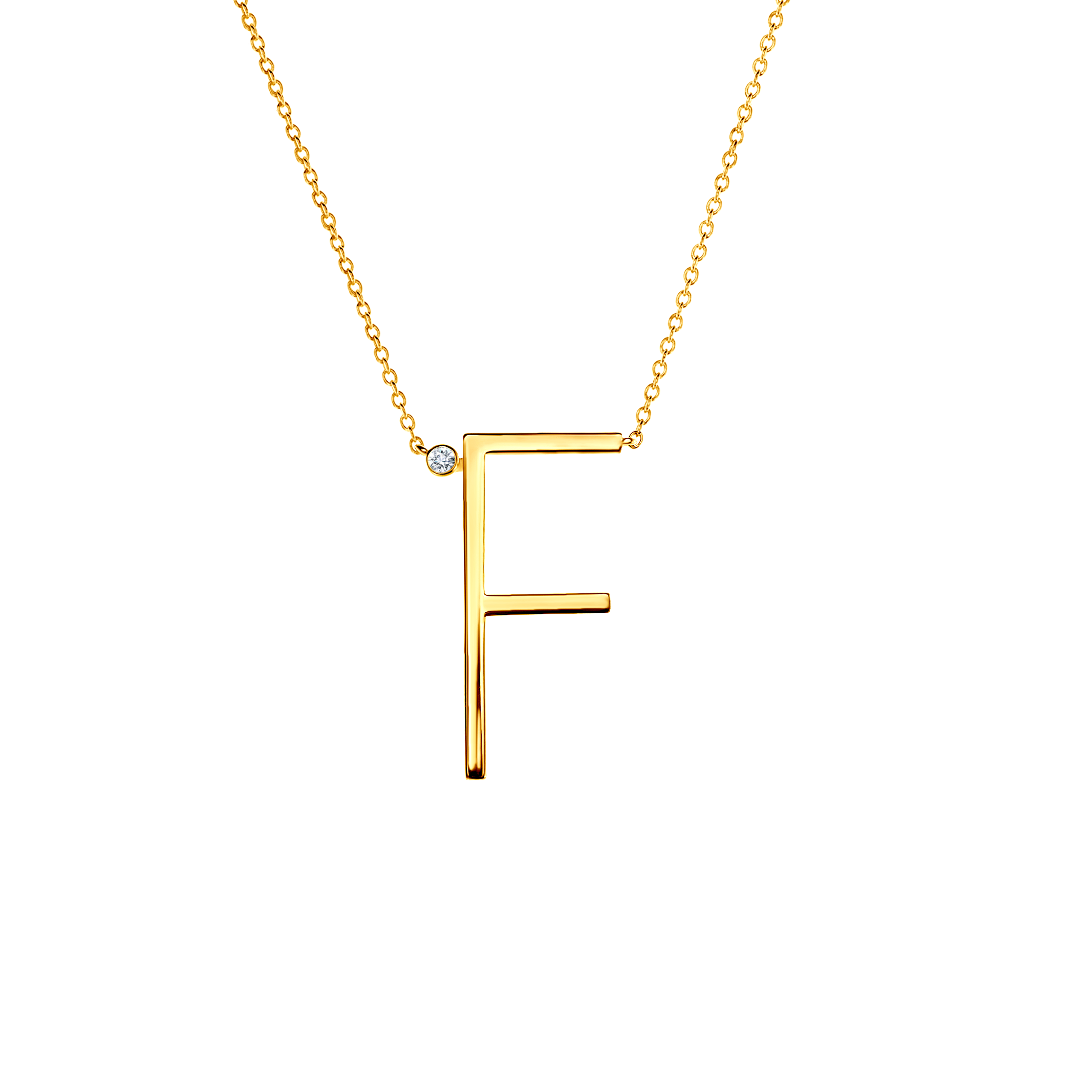 Halskette Kette mit Anhänger  Buchstabe F Savicki: Silber Vergoldet, Weißer Saphir