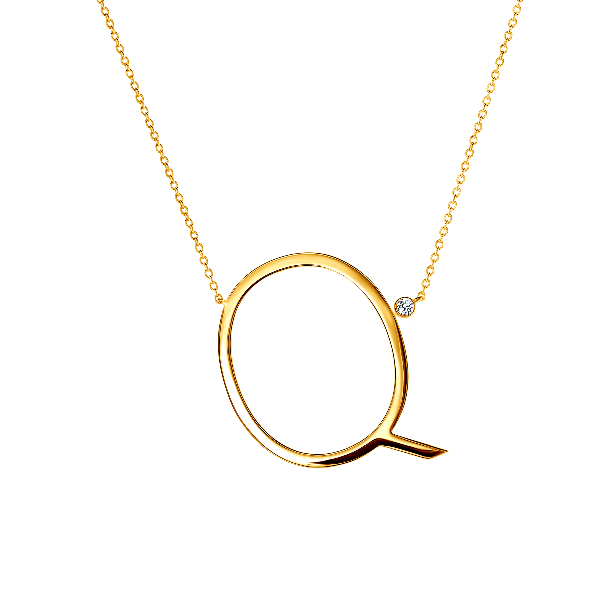 Halskette Kette mit Anhänger  Buchstabe Q Savicki: Silber Vergoldet, Weißer Saphir