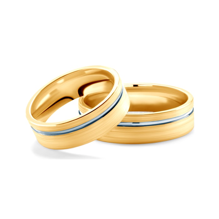 Esküvői karikagyűrűk: kétszínű arany, lapos, 6 mm