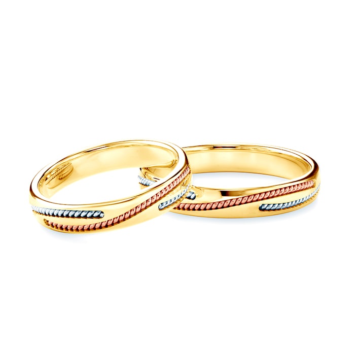 Esküvői karikagyűrűk: háromszínű arany, karika, 4 mm