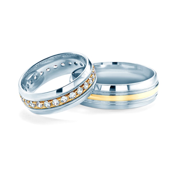 Esküvői karikagyűrűk: kétszínű arany, félkarika, 6,5 mm