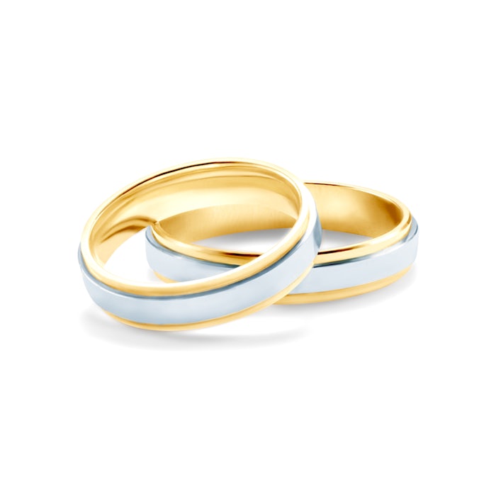 Esküvői karikagyűrűk: kétszínű arany, lapos, 4,3 mm